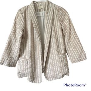 Promesa Linen Blazer Jacket Size S Striped Neutral Tan White 3/4 Sleeve